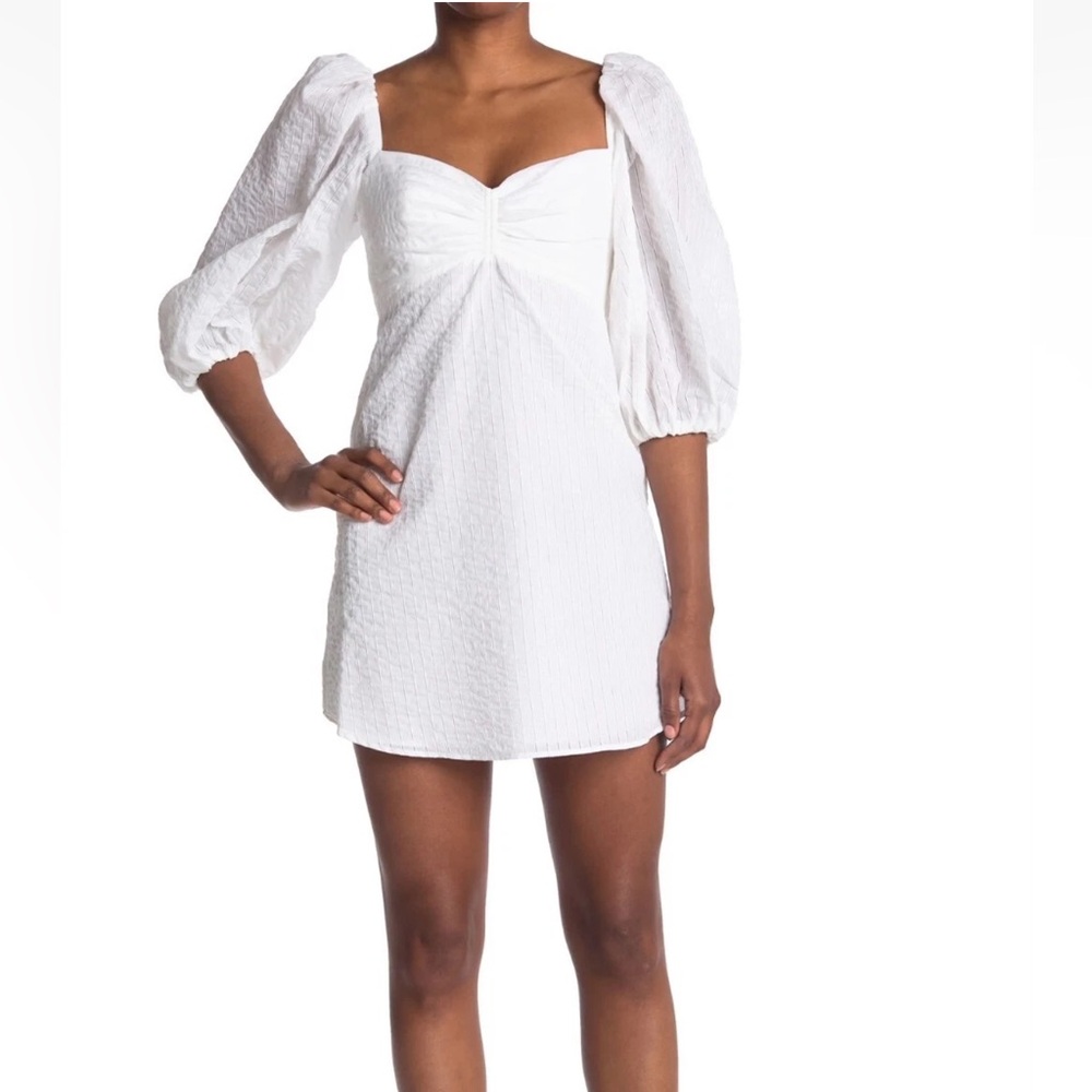 NWT A.L.C. White Elle Stripe Sweetheart Puff Sleeve Smocked Cotton Mini Dress
